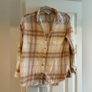 Old Navy Cream and Tan and Pink Flannel Button Down Shirt
